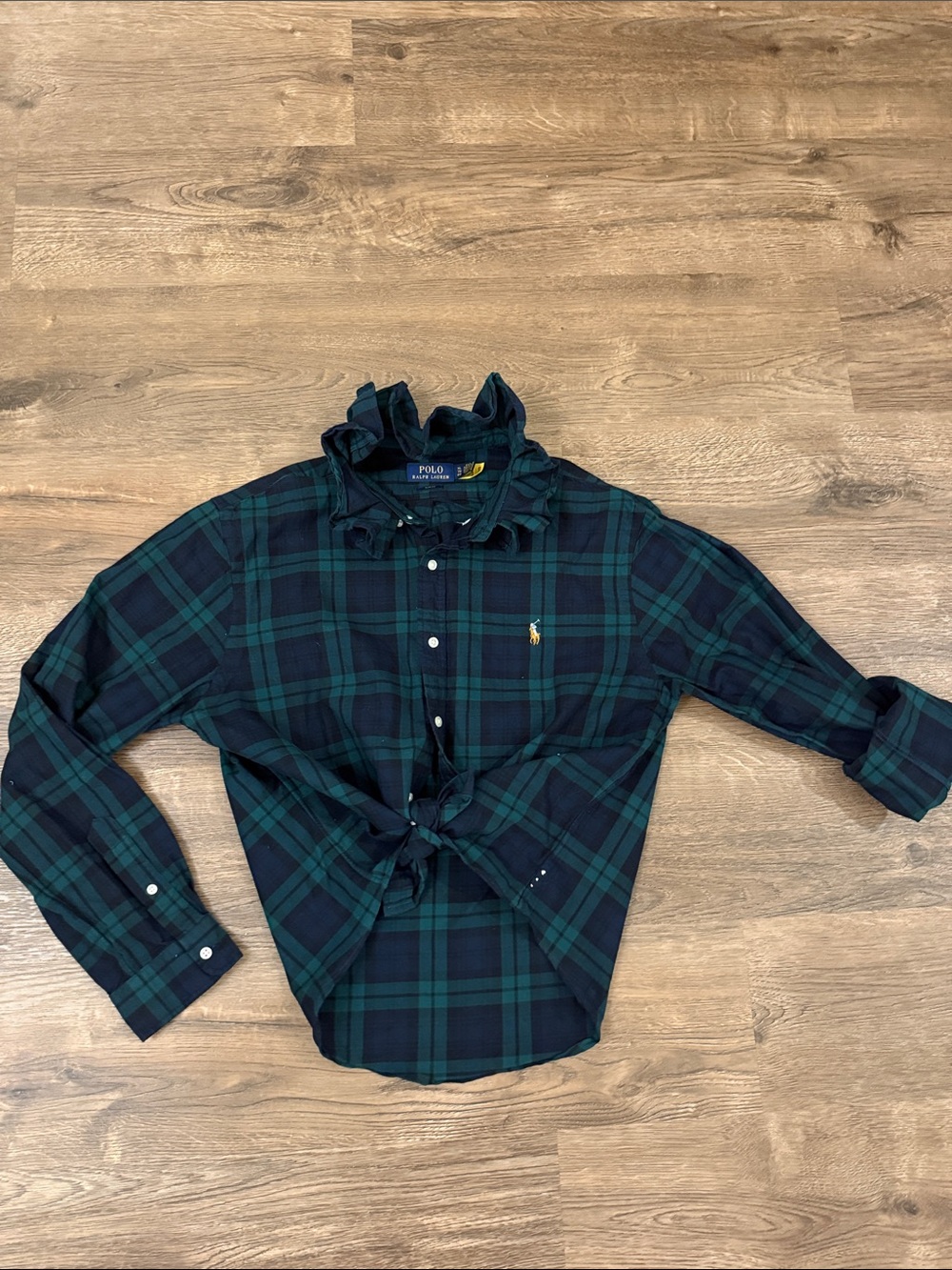 Polo Ralph Lauren Green Navy Plaid Ruffled Button-Down Upcycled Size XL Slim cut